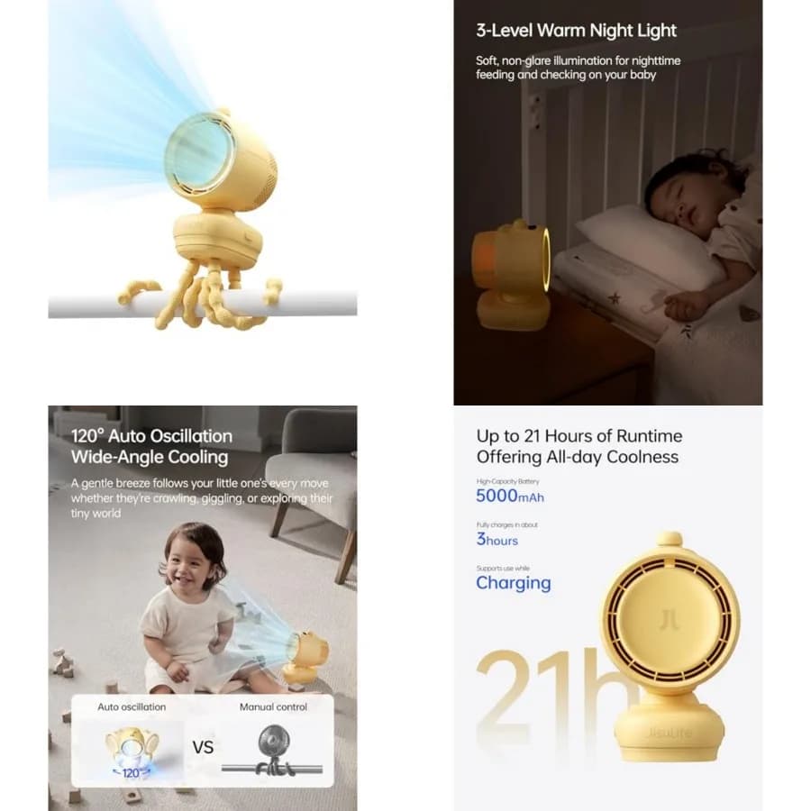 Chic Stroller Fan 2026 Baby Cool Helper: Smart 120° Auto Oscillation with 100 Speeds, 21H Super-Long Battery, Portable Baby Fan