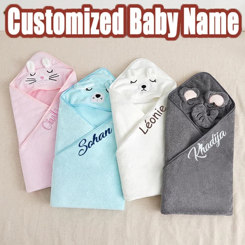 Asciugamano da Bagno per Neonati Personalizzato con Nome, Motivo Animale Cartoon, Morbido e Assorbente con Cappuccio - Regalo Unico per Baby Shower