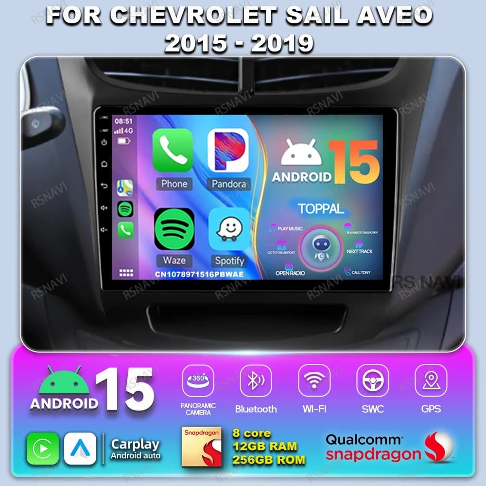 Car Radio Android 14 For Chevrolet Sail Aveo 2015 - 2019 DVD Carplay Qualcomm BT 8 Core Autoradio AI Voice RDS Wireless NO 2DIN