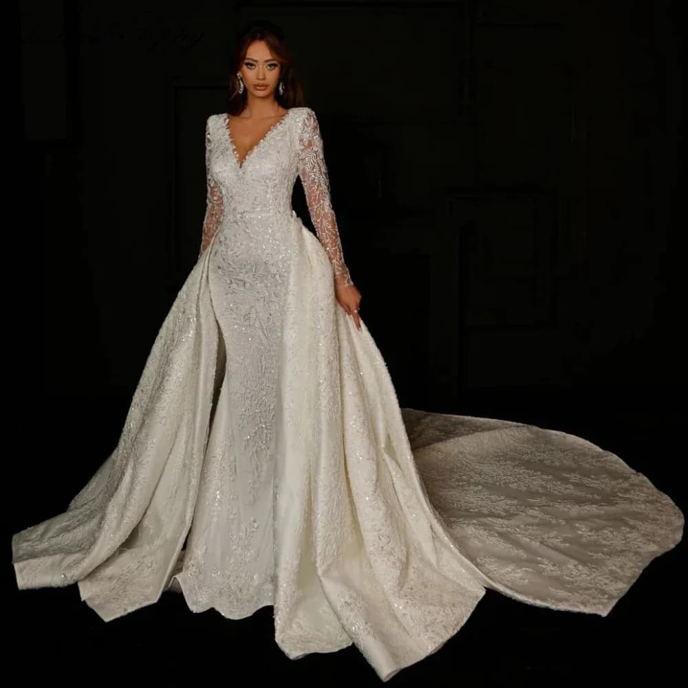 Abiti da sposa personalizzati a sirena in pizzo con scollo a V Charmin maniche lunghe in rilievo 2 pezzi abiti da sposa con strascico staccabile
