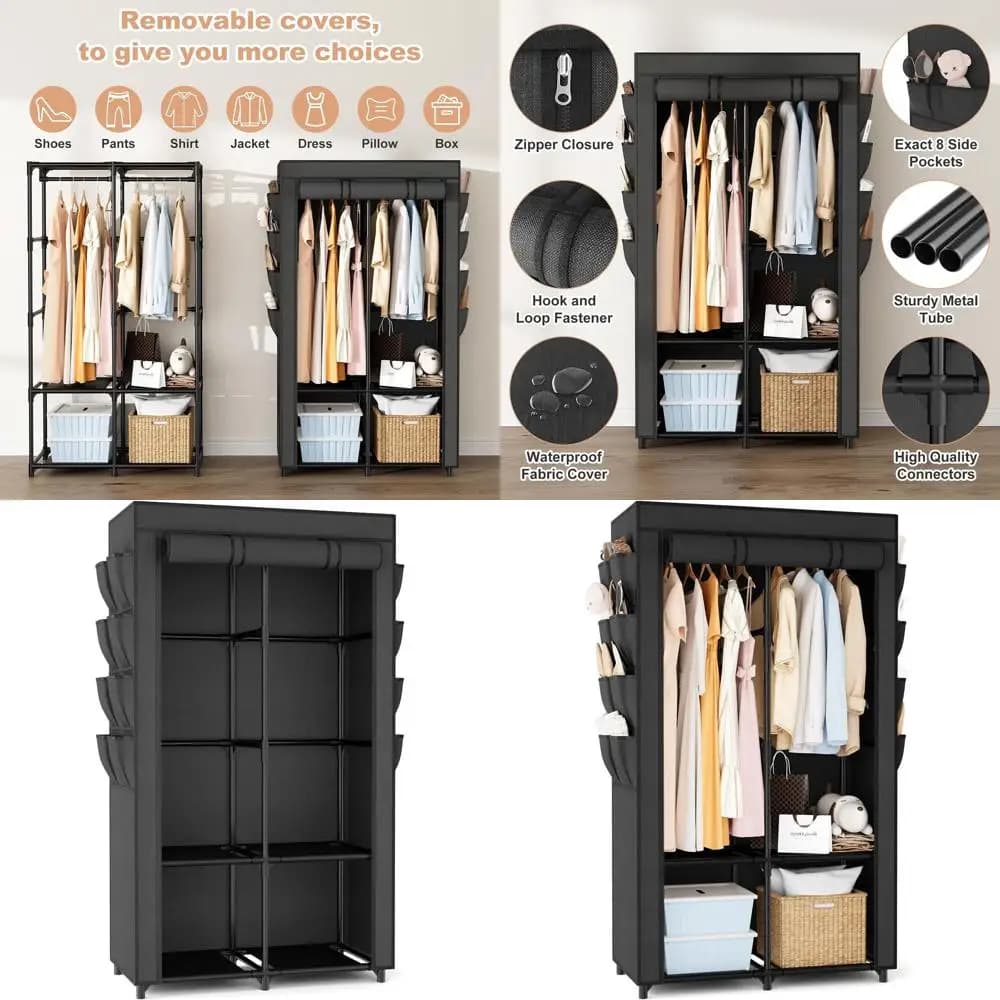 Armadio Sospeso Salvaspazio con 4 Ripiani, 2 Aste, 8 Tasche, Facile Montaggio, Robusto Organizzatore per Guardaroba Nero