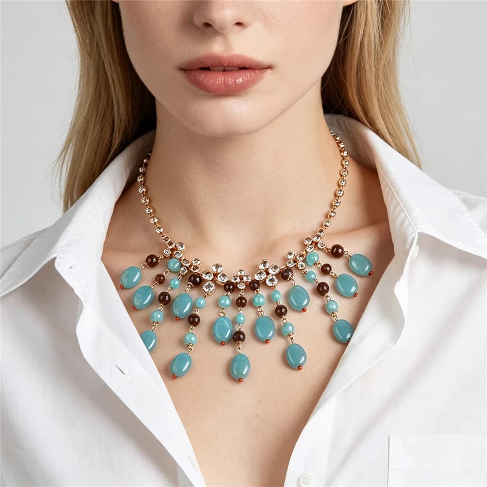 Boho Ethnic Statement Rhinestones Chains Big Bib Necklace Women Fashion Blue Beaded Tassel Large Collar Choker Necklace Jewelry