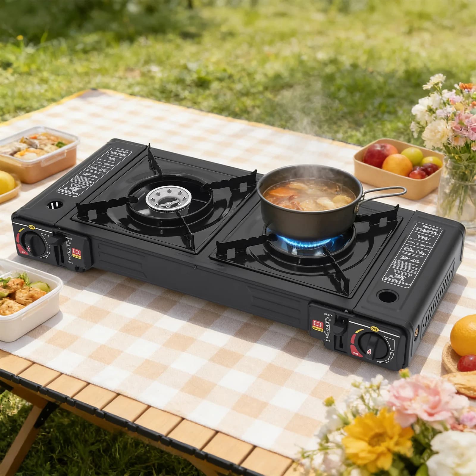 Fornello da Campeggio Portatile a 2 Fuochi con Vassoio da Forno e Custodia per il Trasporto, Fornello a Gas per Esterni per Picnic, Camper e Tailgating