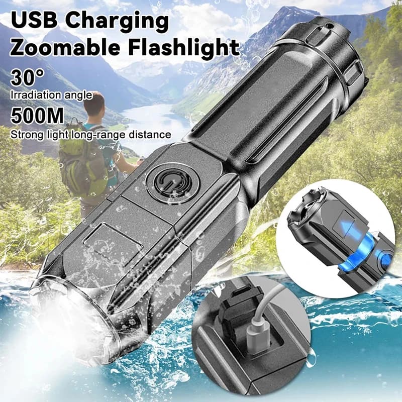 Potente torcia a LED Torcia ricaricabile USB Luce da campeggio zoomabile portatile 3 modalità di illuminazione per emergenza escursionismo all'aperto