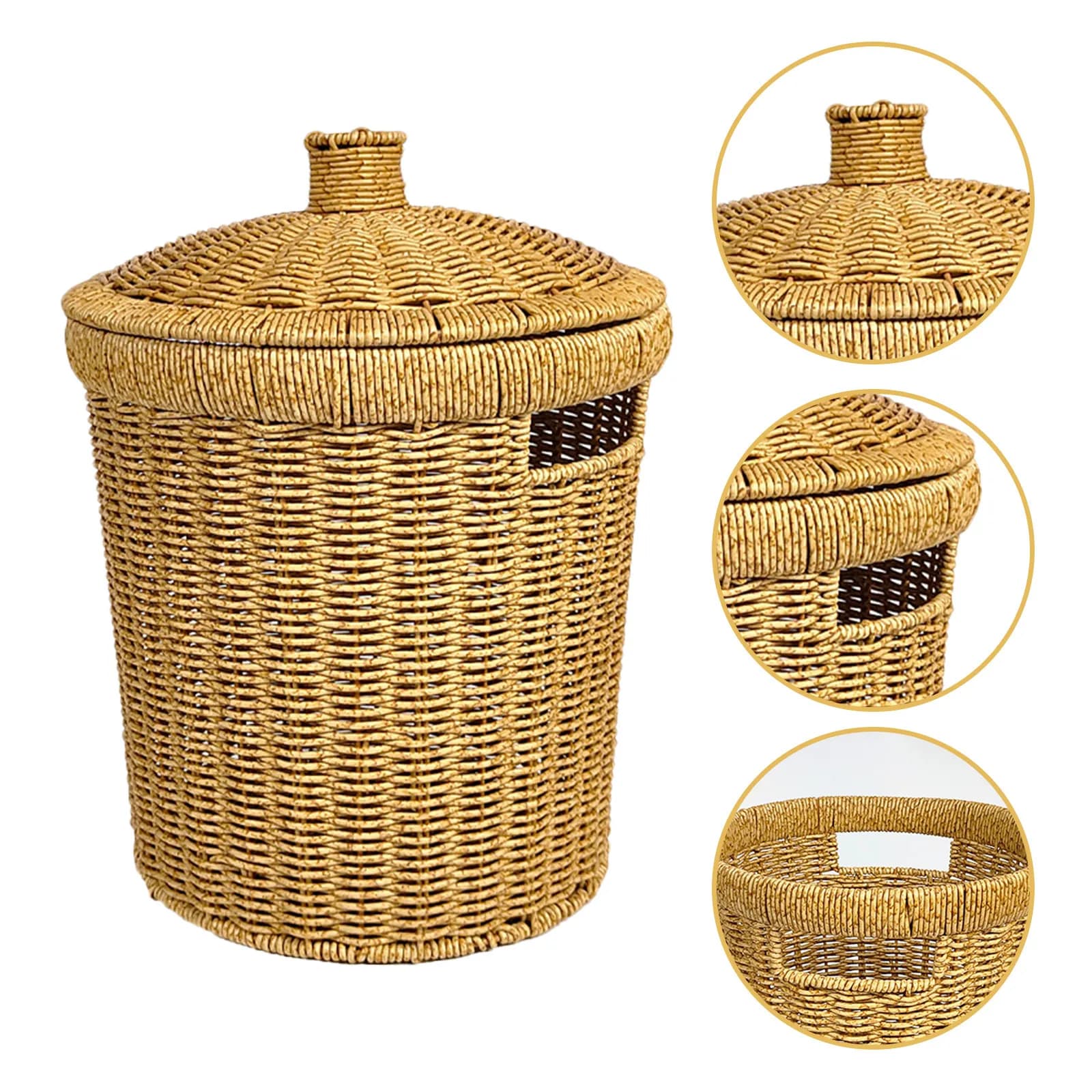 Cestino per Rifiuti Intrecciato con Coperchio, Contenitore per Spazzatura in Vimini Sintetico, Cesto da Bagno per Rifiuti Domestici
