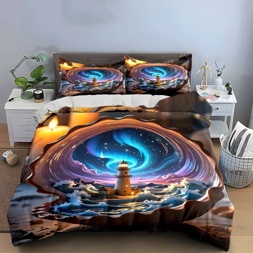 Set di biancheria da letto morbida e delicata sulla pelle con decorazione notturna a forma di faro, include 1 copripiumino e 2 federe, regalo