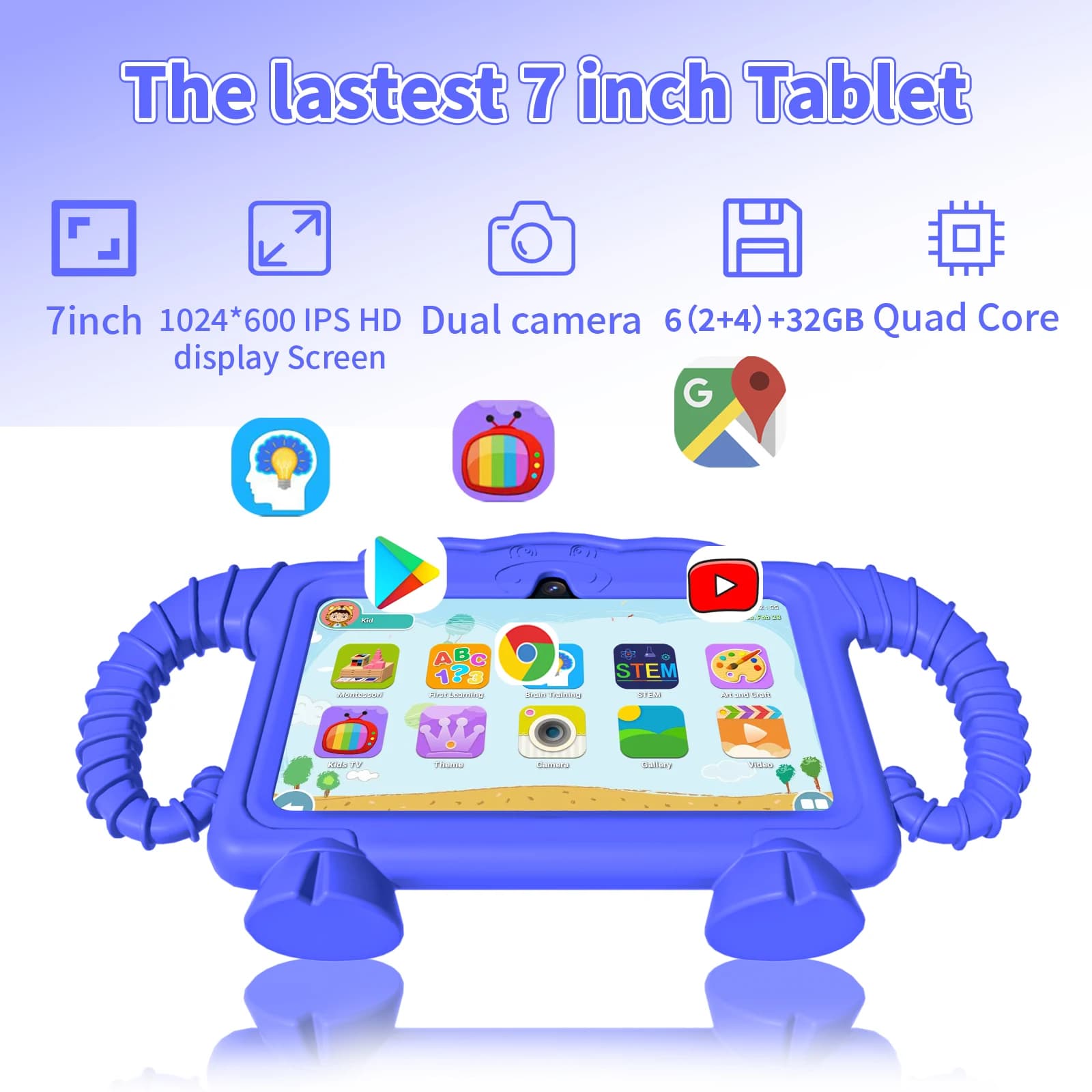 Tablet per bambini da 7 pollici, 2 GB di RAM + 32 GB di ROM, schermo di protezione per la vista, WiFi, doppia fotocamera, gioco educativo, controllo parentale