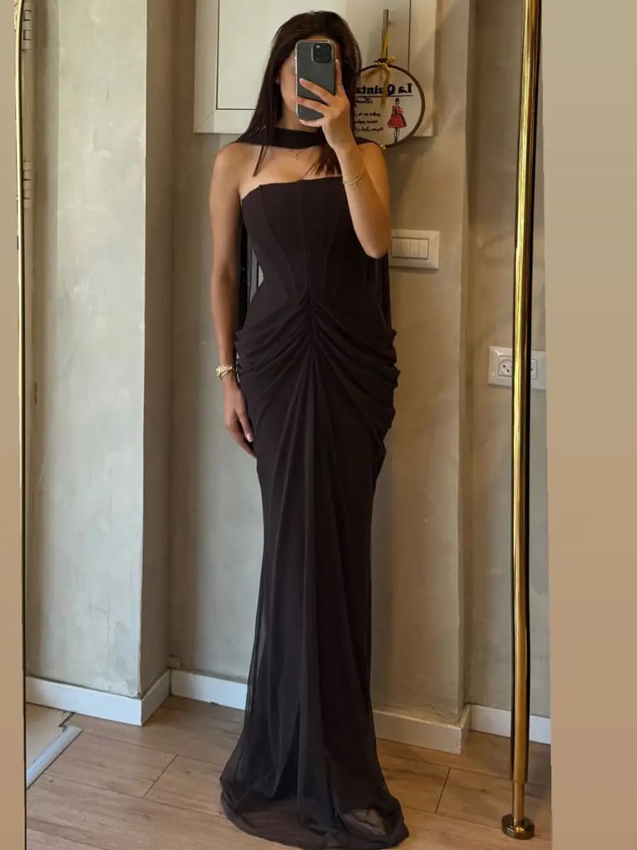 Custom Color Strapless Mermaid Evening Dress Prom Gown Bridesmaid Dress Ruched Design Halter Ribbon Quinceanera Dress