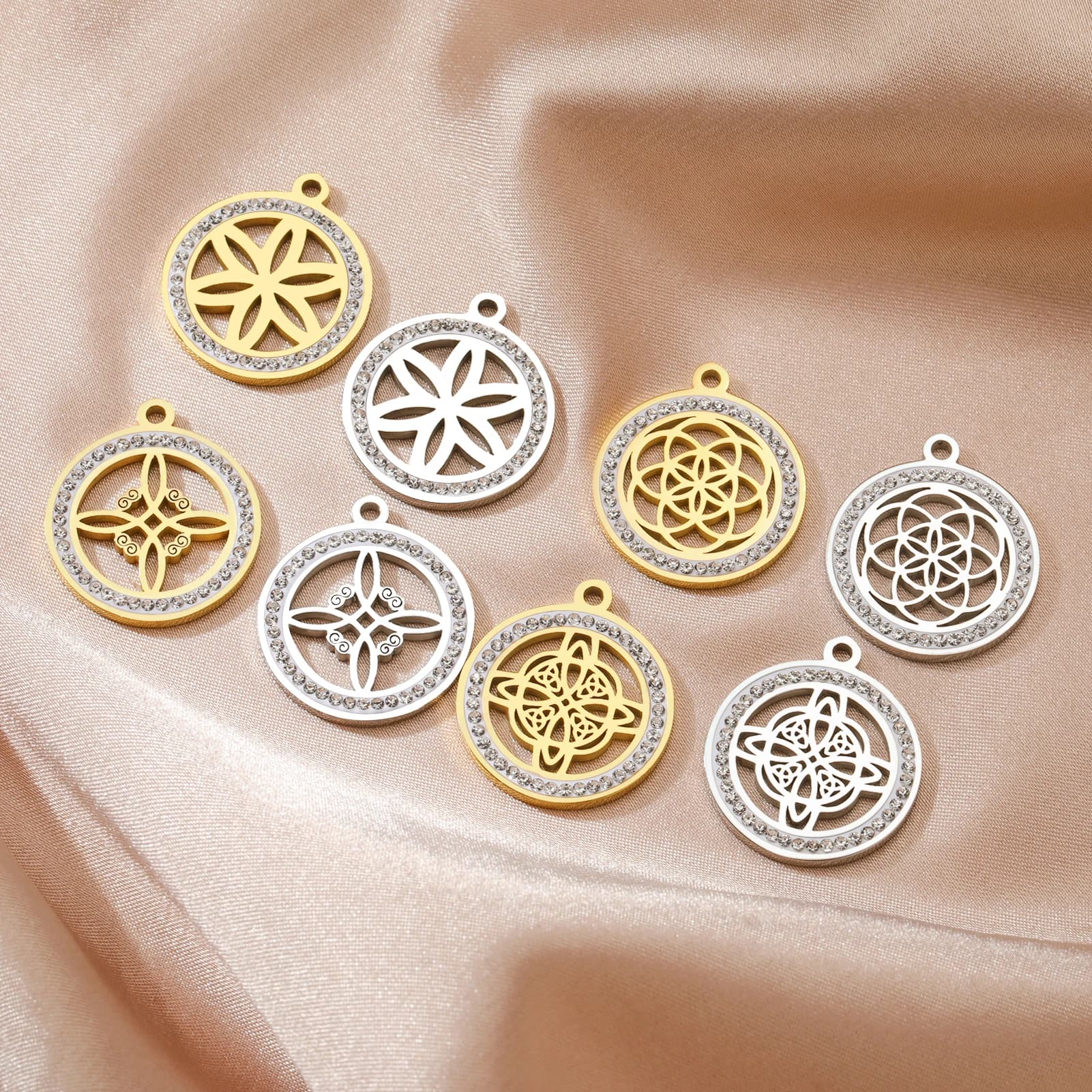 Eueavian 5pcs flower life seed pendants stainless steel pendant with zircon pendant with witch knot sacred geometry supplies for jewelry creation