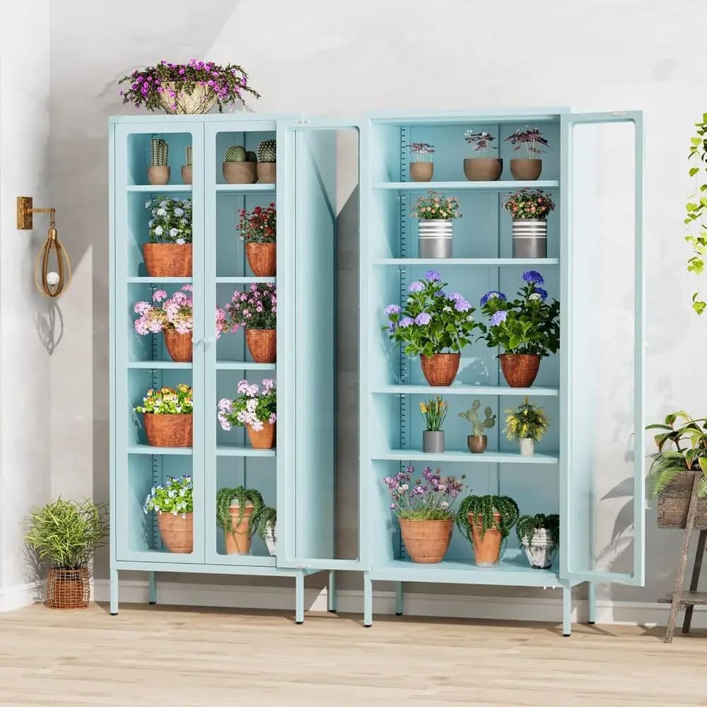 Tall Glass Display Cabinet for Collectibles, Blue Steel Curio Case with Shelves, Ideal for Home Office, Living Room, Pantry