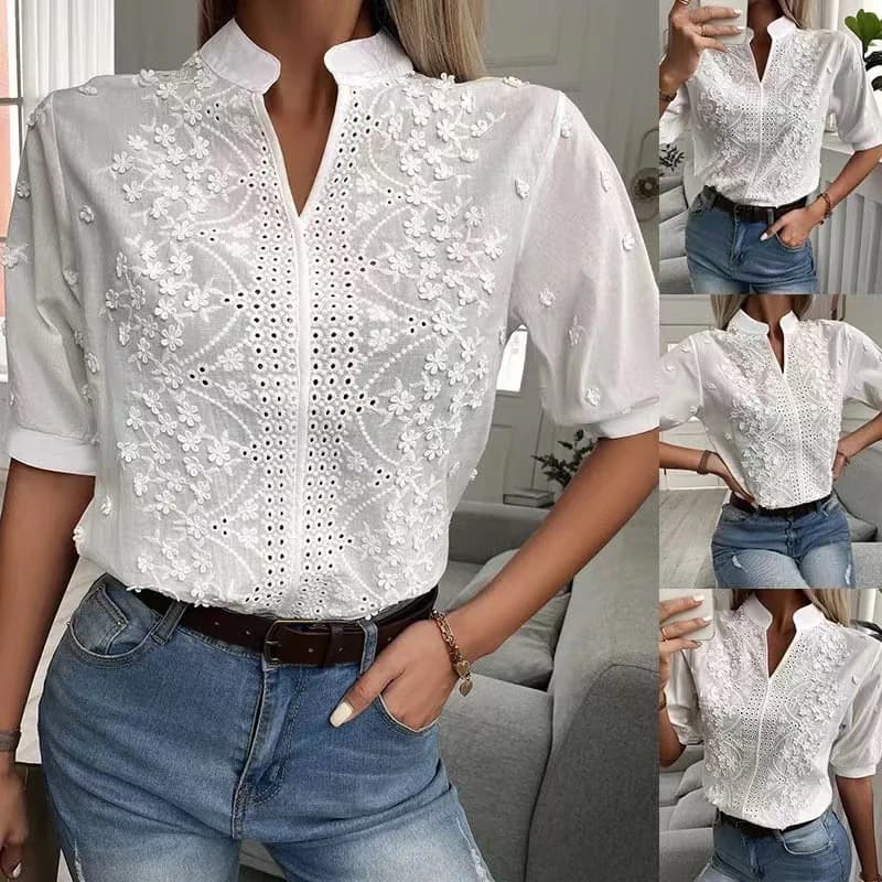 2026 Summer Women's Short Sleeved Elegant White Shirt - Top Embroidered Crochet in Fashionable Vintage Cotton