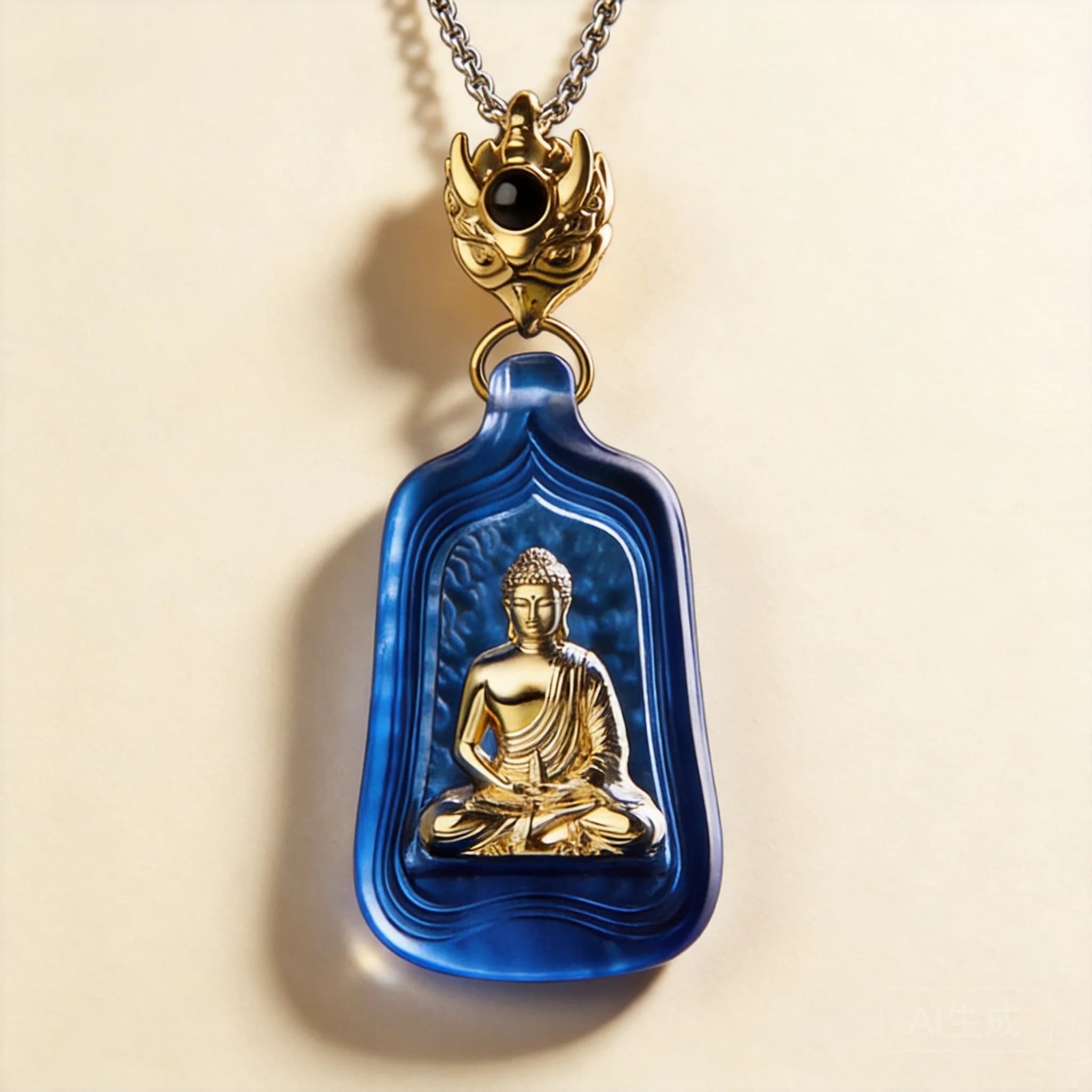 Chinese Style Blessing Gold Medicine Buddha Six Word Mantra Blue Glaze Pendant Necklace Unisex Luck Prayer Spiritual Amulet Jewe