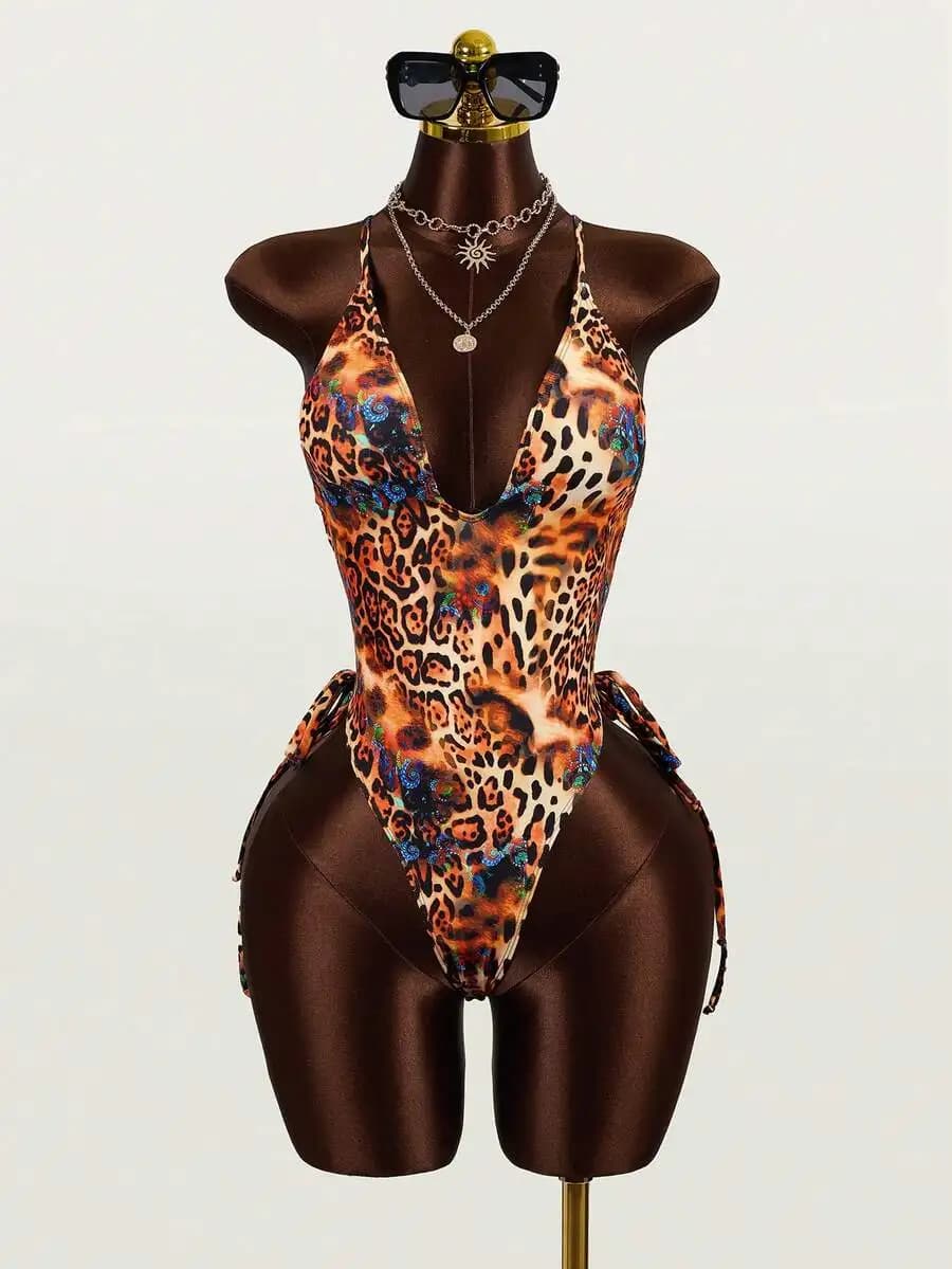 Womens Leopard Print One Piece Swimsuit Deep V-Neck High Cut Leg Backless Beach Swimwear