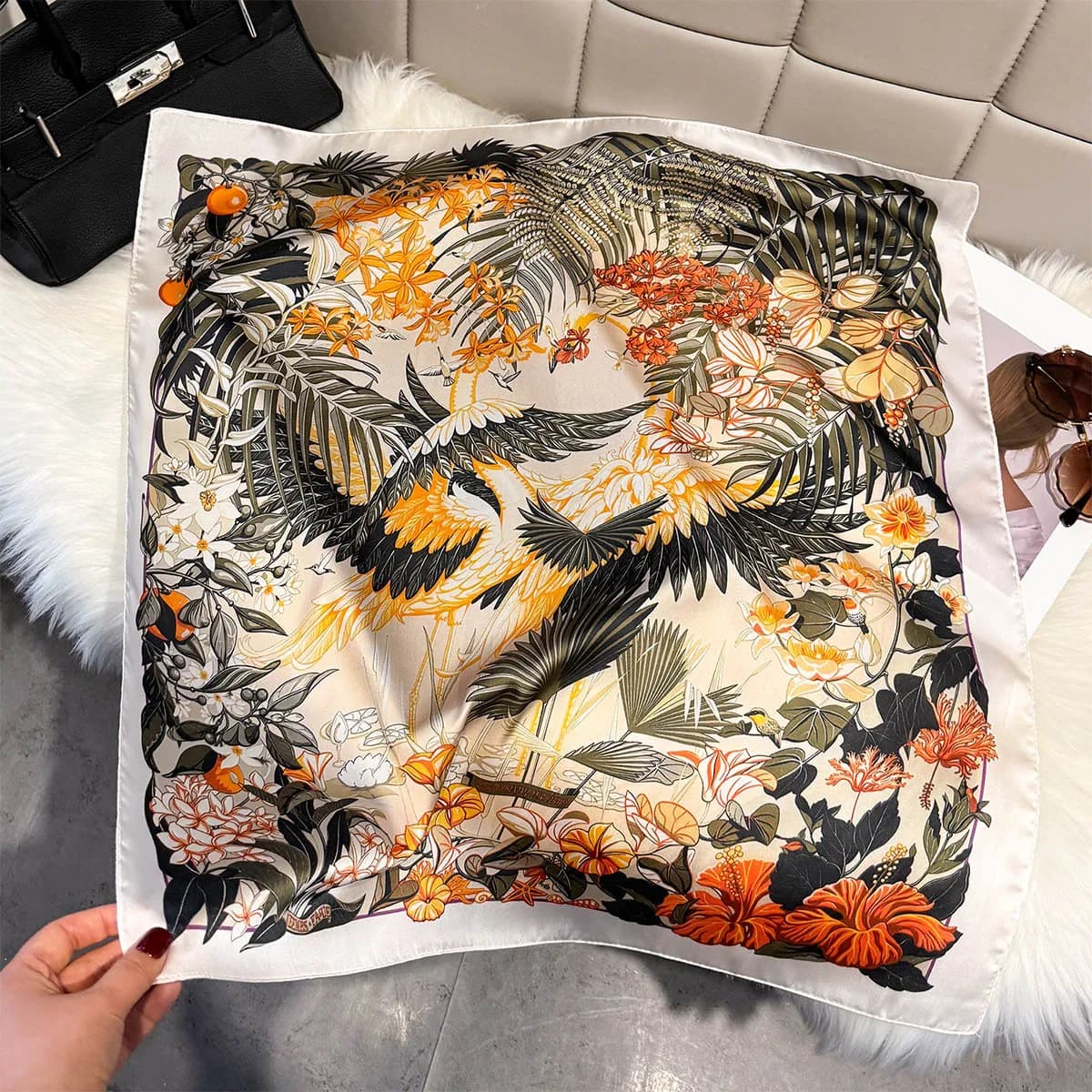 Foulard di Lusso in Seta per Donna, 65cm, Quadrato, Stampa Floreale, Sciarpa per Capelli, Bandana, Copricapo, Sciarpa Avvolgente, Nuova Tendenza