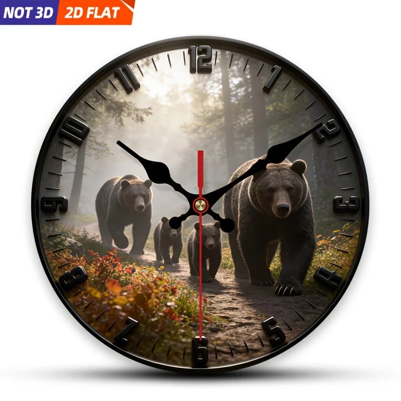 2D Piatto. 1 pezzo. Orologio da parete con tema orso della foresta, silenzioso e decorativo, ideale per migliorare l'arredamento di camere da letto e soggiorno
