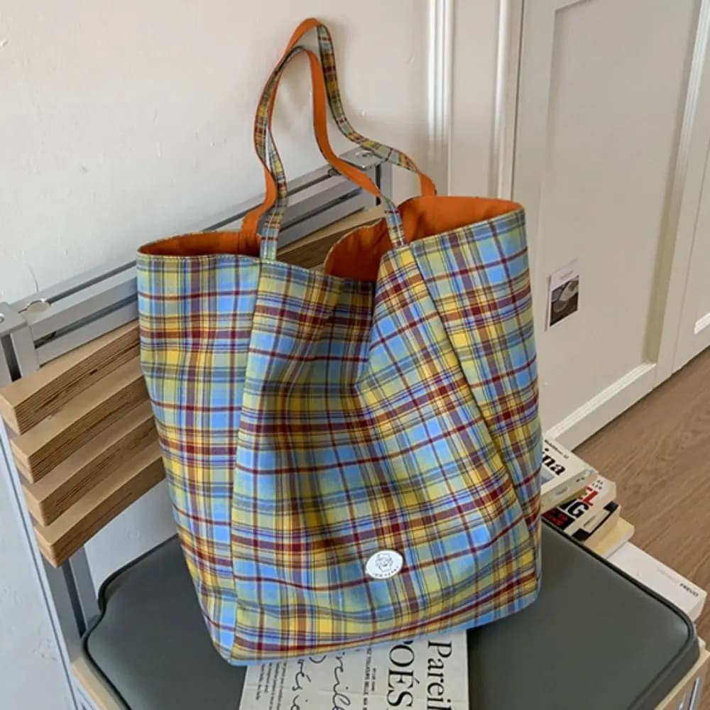 Japanese Style Plaid Canvas Tote Bag Versatile Cloth Double Sided Shoulder Bag Commuting Leisure Lattice Handbag Student