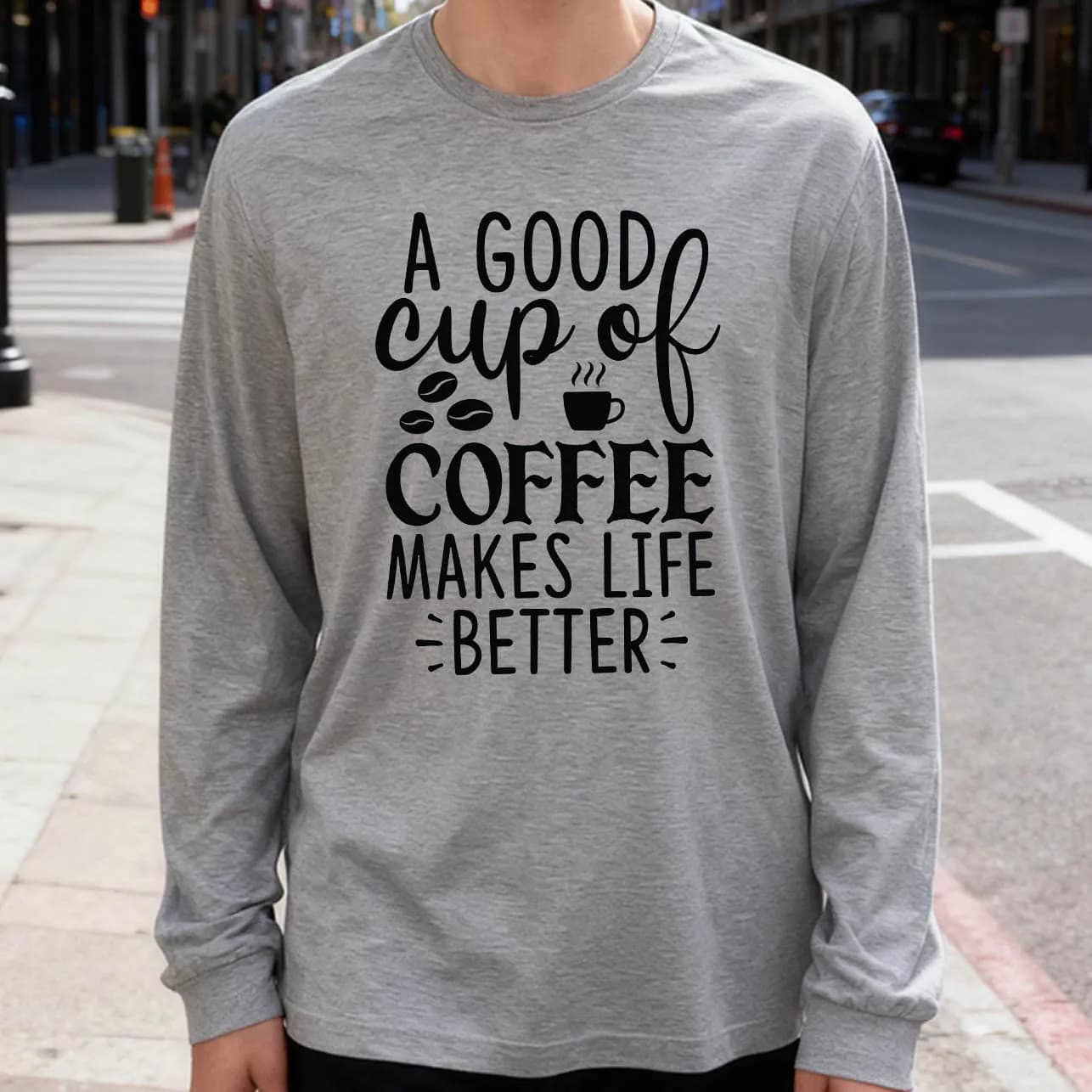 Coffee Makes Life Better Men's Long Sleeved T-shirt 180g 100% Cotton Printed Casual Crew Neck to wear every day soft and breathable