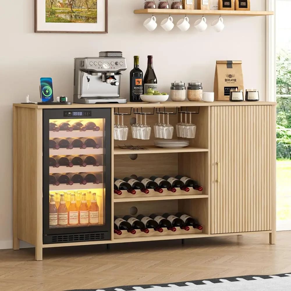 70 Oak-Finished Large Coffee Bar Cabinet with Power Outlet, Adjustable Shelves, Wine Rack, and Glass Holder for Liquor Storage