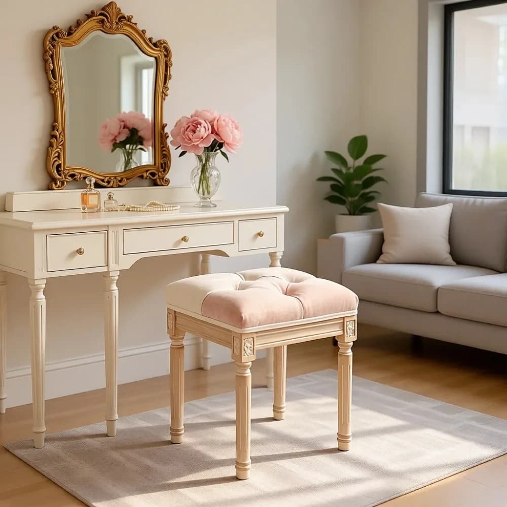Tufted Cushion Solid Wood Vanity Chair | Linen Stool for Small Space Bedroom, Brushed Wood Legs Makeup Seat, Beige
