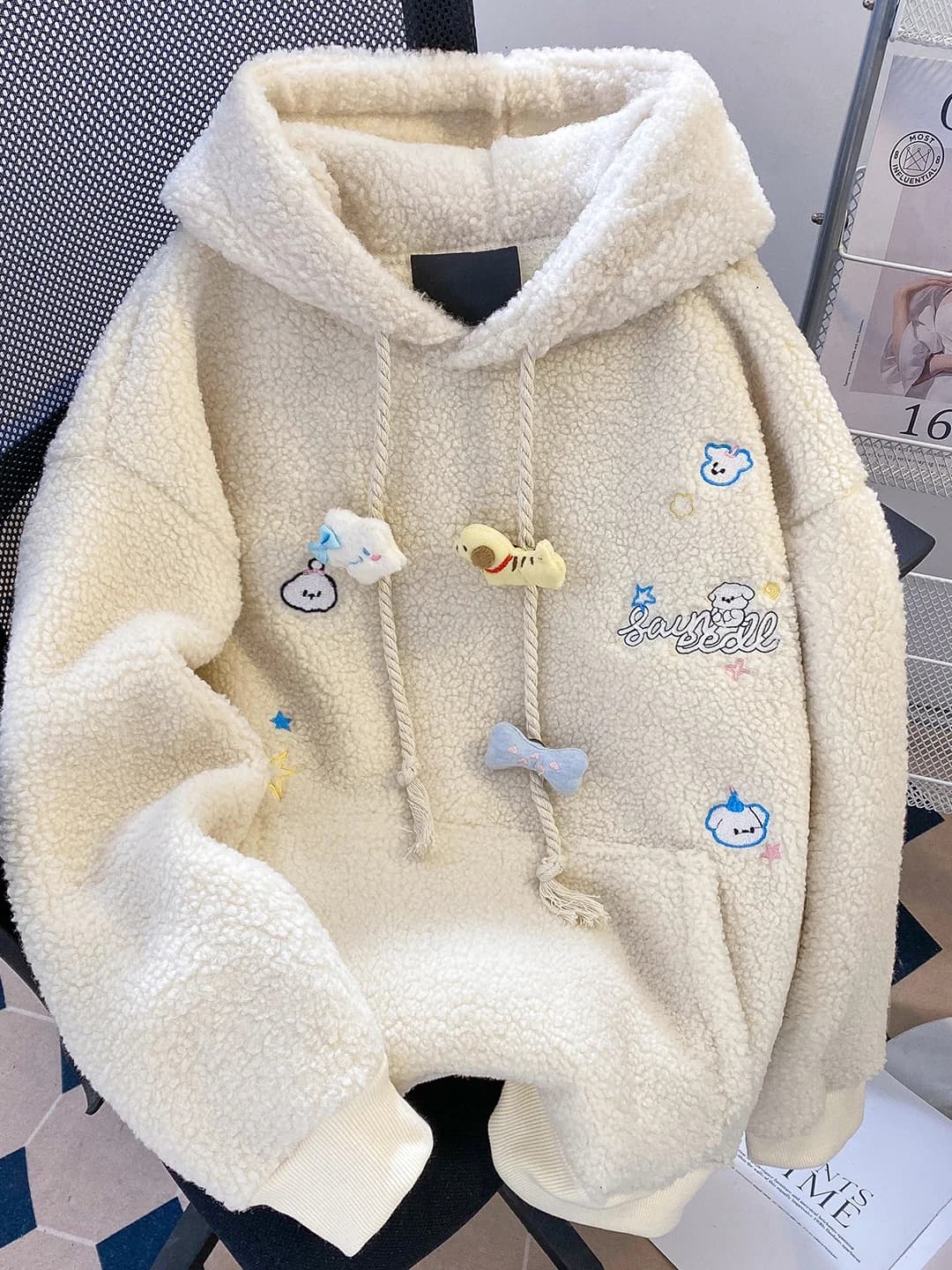 Lamb Velvet Hoodie Jacket Women's Autumn Winter Thickened Loose Long Sleeve Casual Fashion INS Student Wear Polyester Fiber