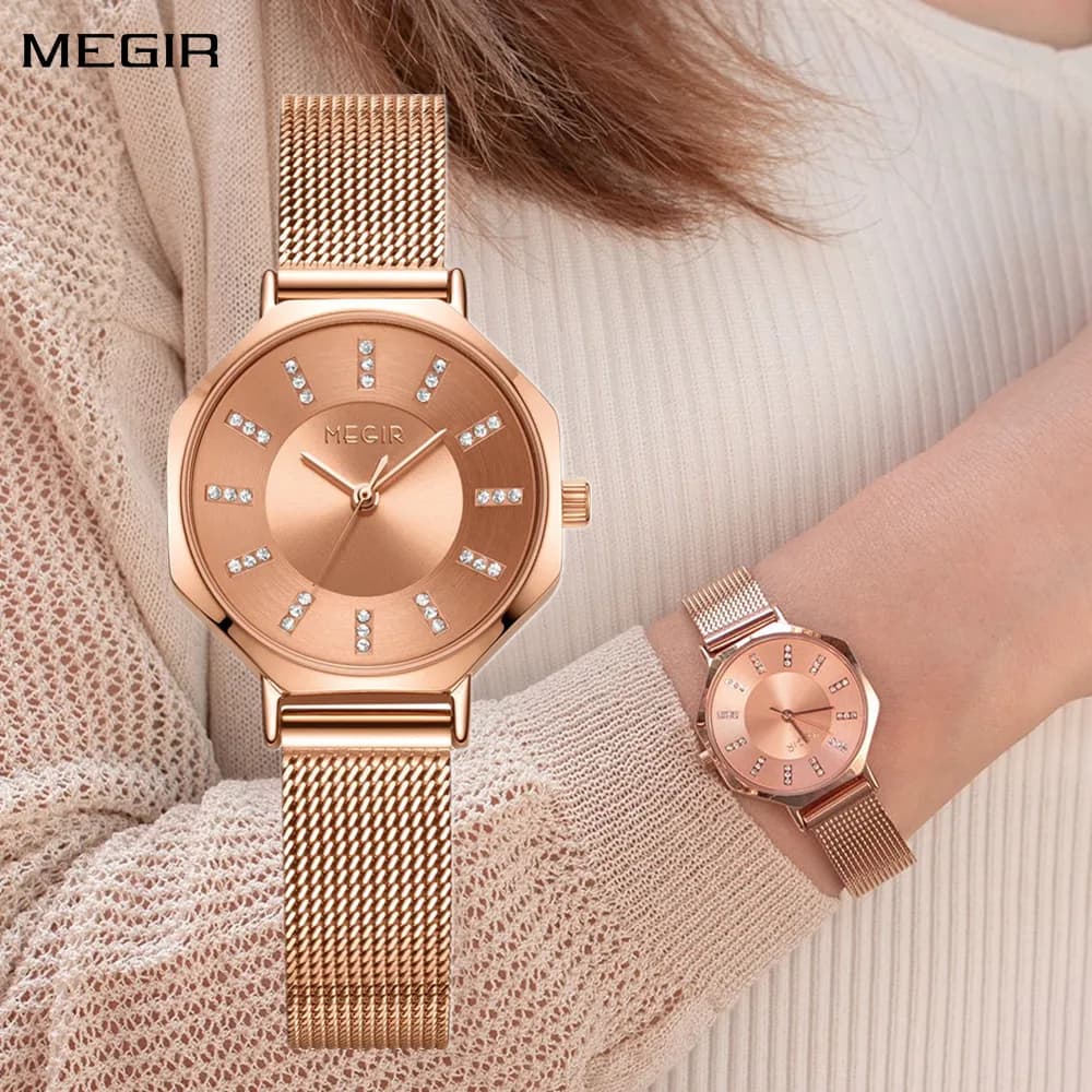 MEGIR Women's Watches Simple and Fashion Style, Stainless Steel Strap, Quartz Dust Clock, Waterproof Gift with Diamonds