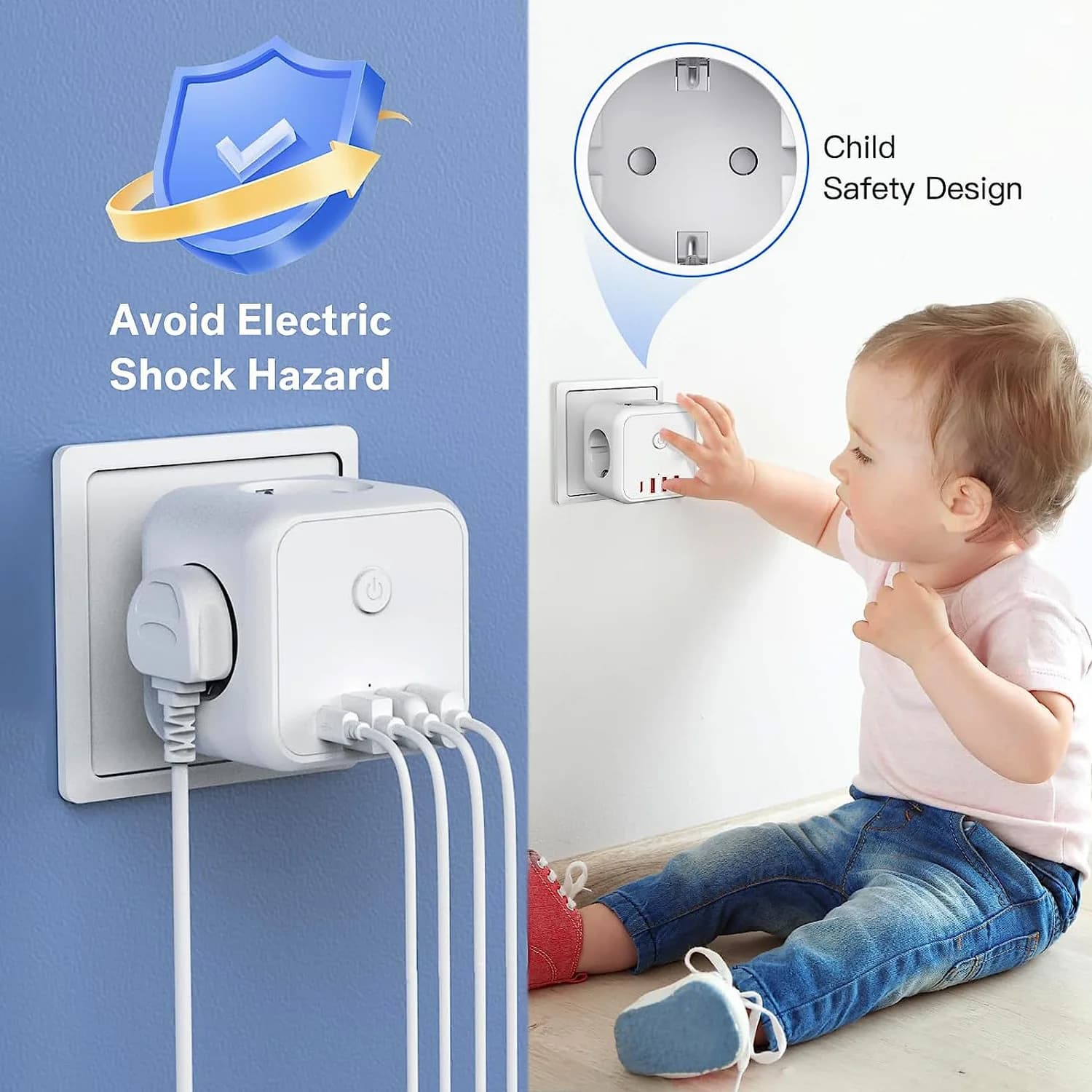 Prolunga per presa a muro UE con 3 prese CA 3 porte USB e 1 interruttore on/off per caricabatterie con presa EU 7 in 1 di tipo C per la casa