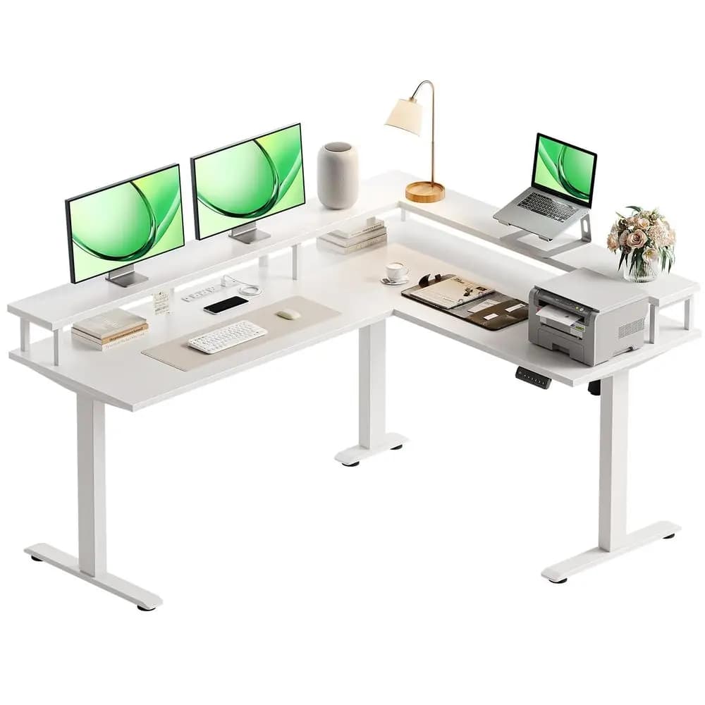 Electric L Shaped Standing Desk, 59 Inch Height Adjustable Stand Desk with Power Outlets Full Monitor Stand, Reversible Corn
