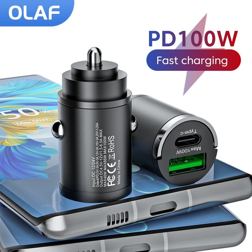 Mini 100W PD QC Pull Ring Fast Charging Car Charger USB C Car Phone Charger Adapter For iPhone 13 12 Xiaomi Samsung Huawei