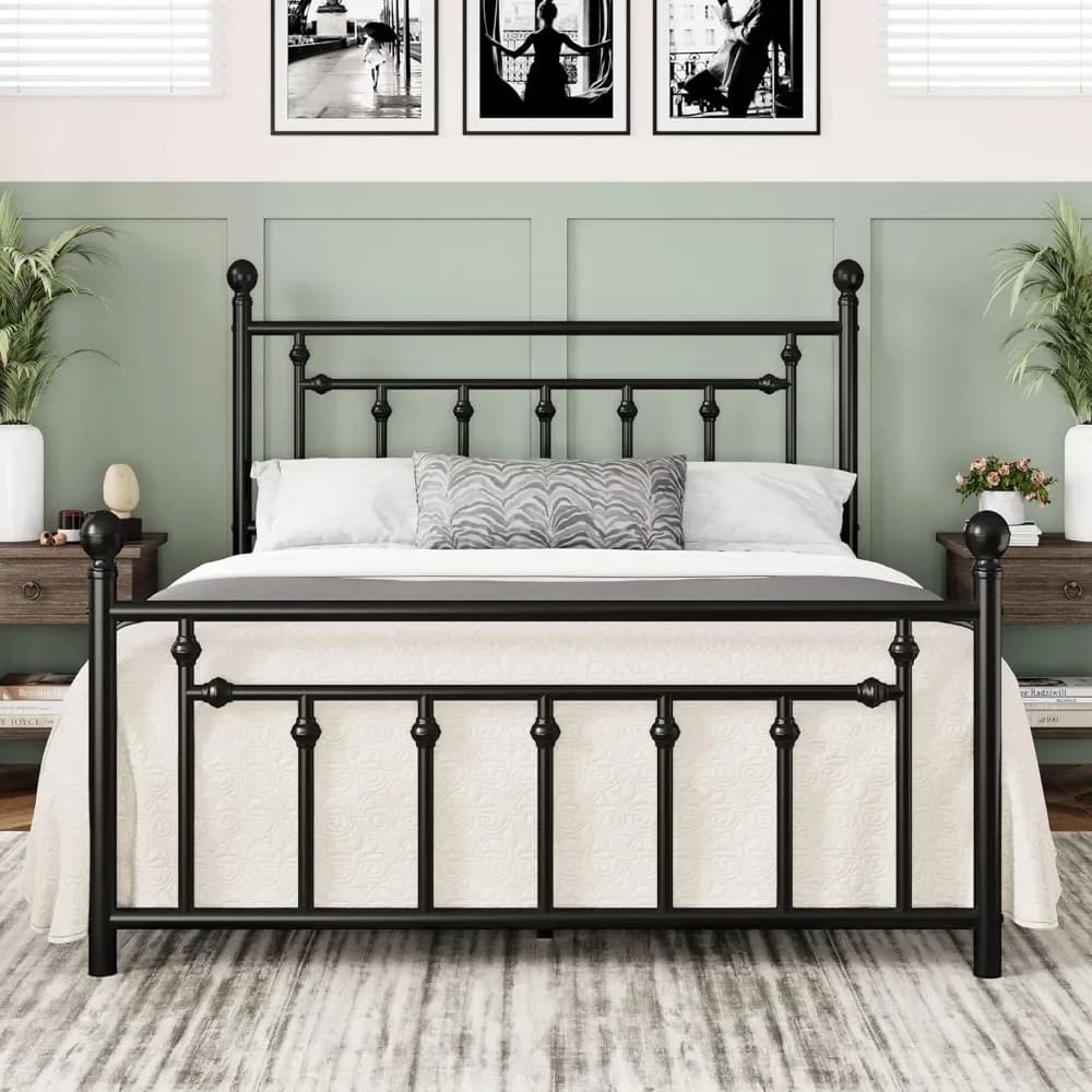 Telaio letto a piattaforma in metallo allewie da 14 pollici, misura queen, con testiera e pediera in stile vittoriano vintage, base per materasso/sottoletto