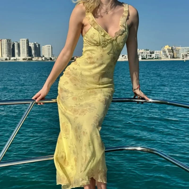 2025 Primavera Estate Moda Lady Robe Abito a sirena sexy Donna Scollo a V senza maniche Backless Slim Hip Pacchetto Abiti lunghi Donna