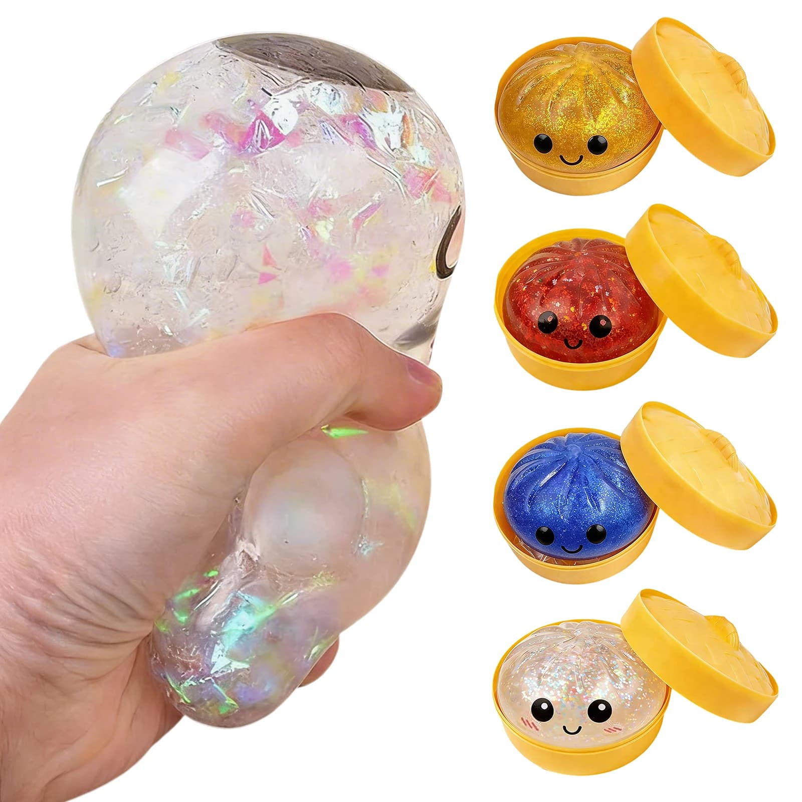 Glitter Dumpling - Squishy a Forma di Raviolo con Glitter, Giocattolo Sensoriale Antistress a Forma di Raviolo con Vaporiera per Adulti e Bambini
