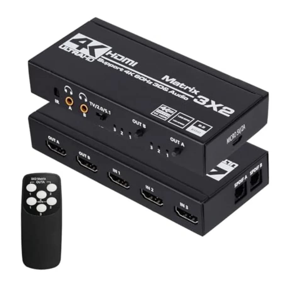Matrice HDMI 3x2 4K, Switch HDMI 3 ingressi 2 uscite, Splitter con Estrattore EDID e Telecomando IR, Supporto Ultra