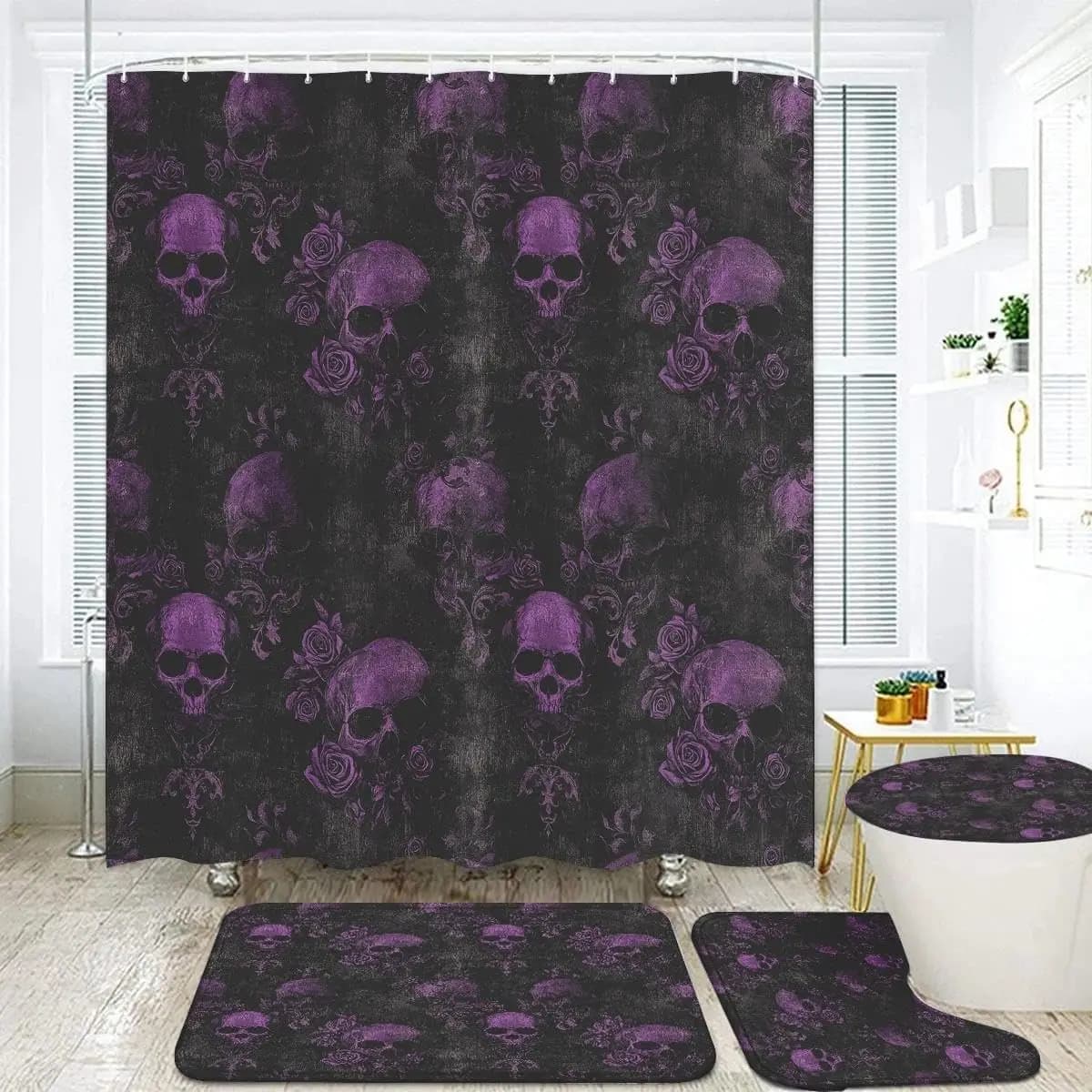 Set da bagno con teschio gotico, 4 pezzi con tappetino da bagno con tenda da doccia, tappeto sagomato, copri coperchio WC, motivo teschio di rose viola