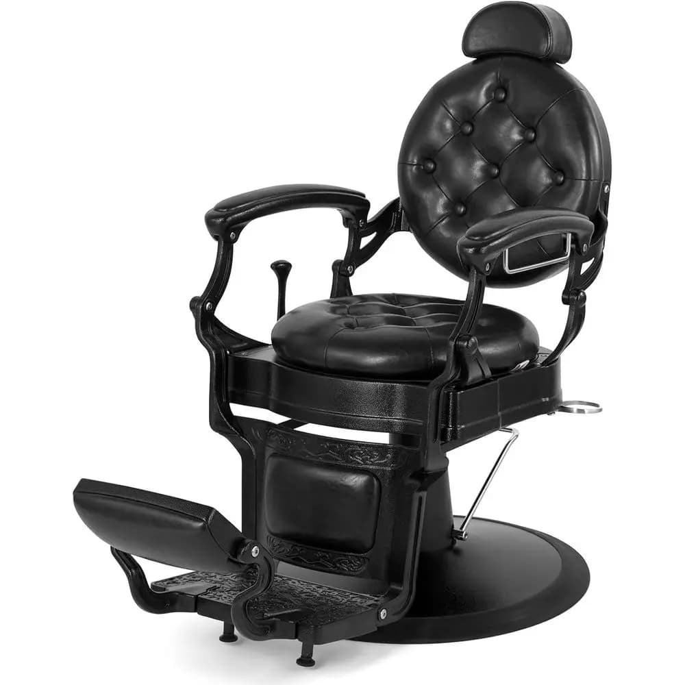 Vintage Heavy-Duty Barber Chair with Hydraulic Recline and Rounded Cushioning for Beauty and Styling Needs (Black)