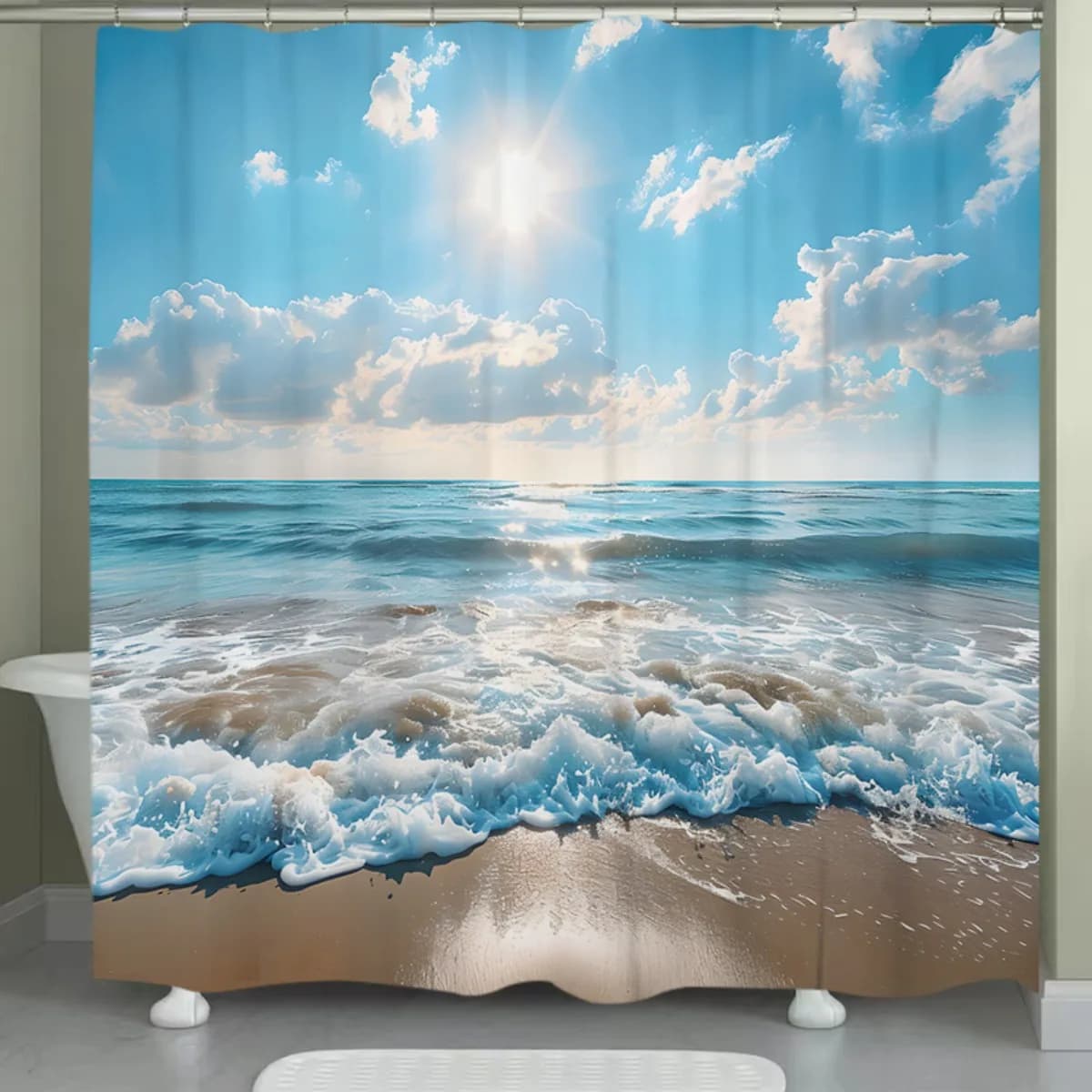 Tenda da doccia Sunny Beach Waves in poliestere lavabile con 12 ganci per l'arredamento del bagno
