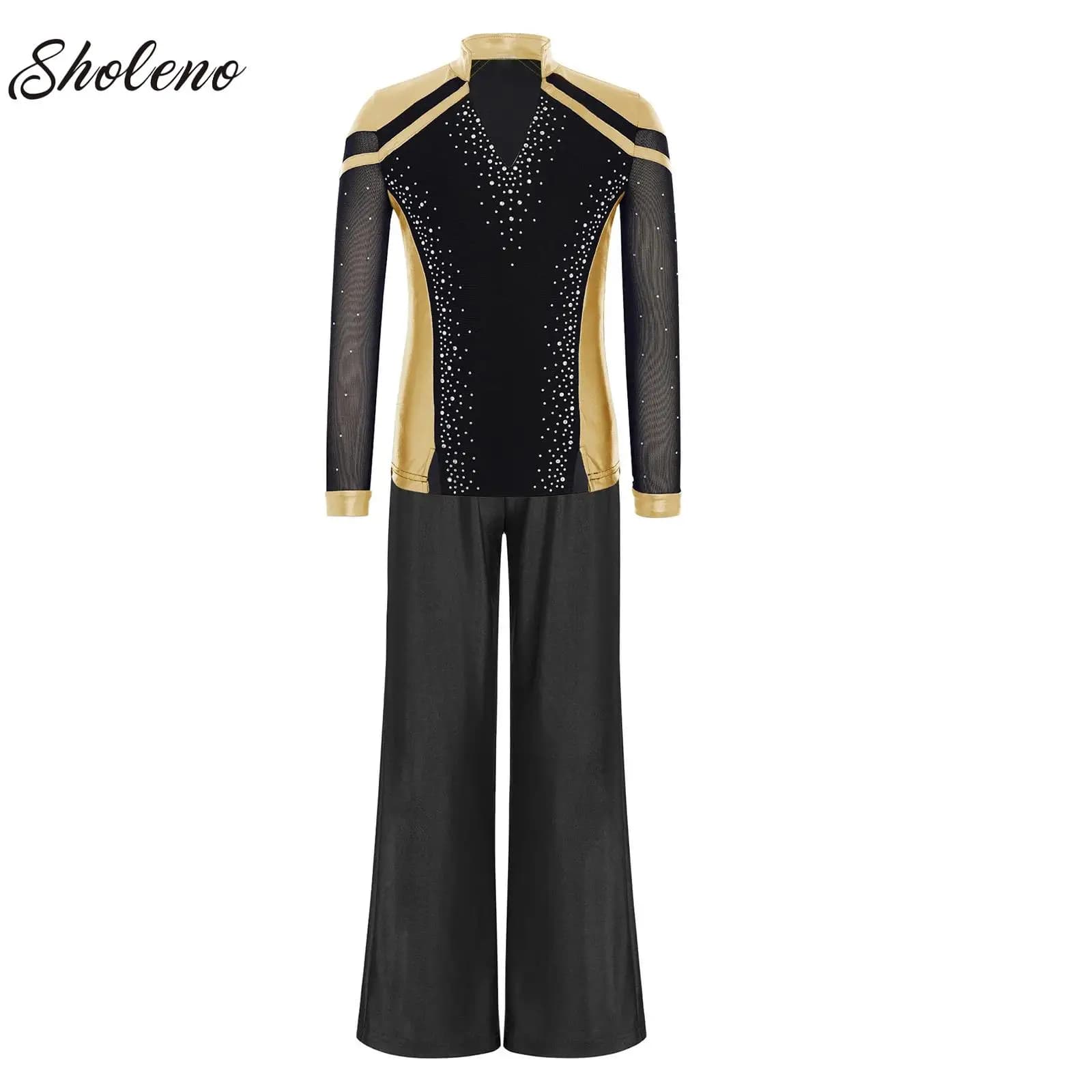 Completo da Danza per Bambini e Ragazzi, Costume per Pattinaggio Artistico e Ginnastica, Top Metallico a Maniche Lunghe con Pantaloni, Abbigliamento per Allenamento e Pratica di Danza