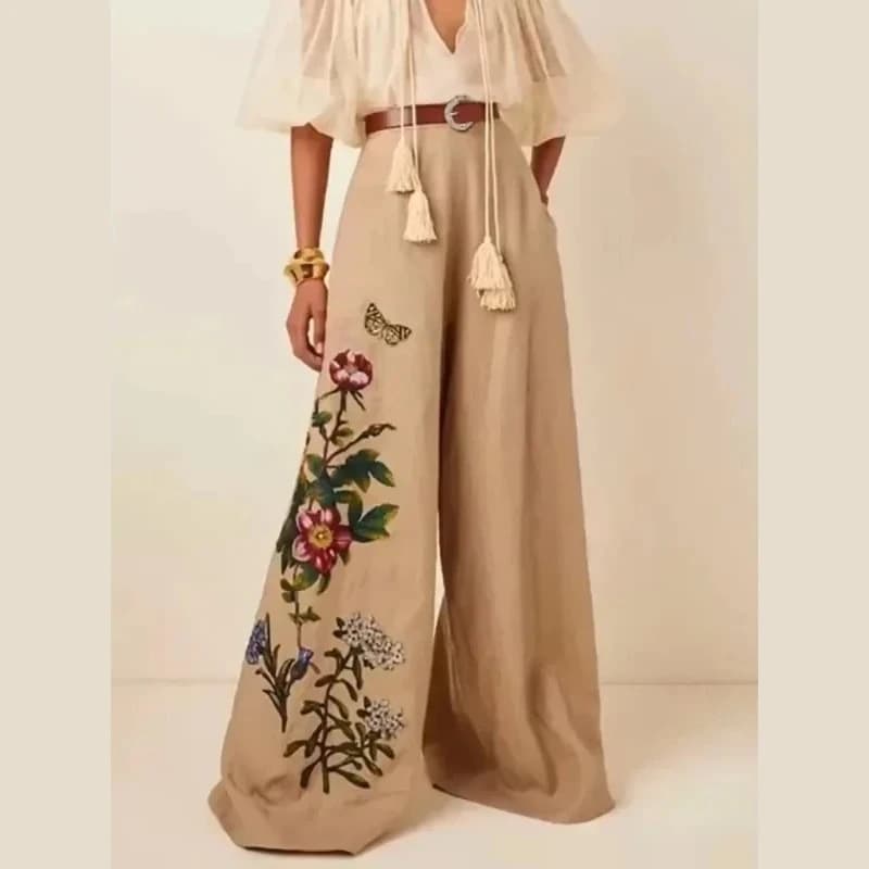 Women's Wide Leg Pants With Belt 2025 Vintage Casual Waist Pants Large Printed Floral Spring Summer For Urban Woman