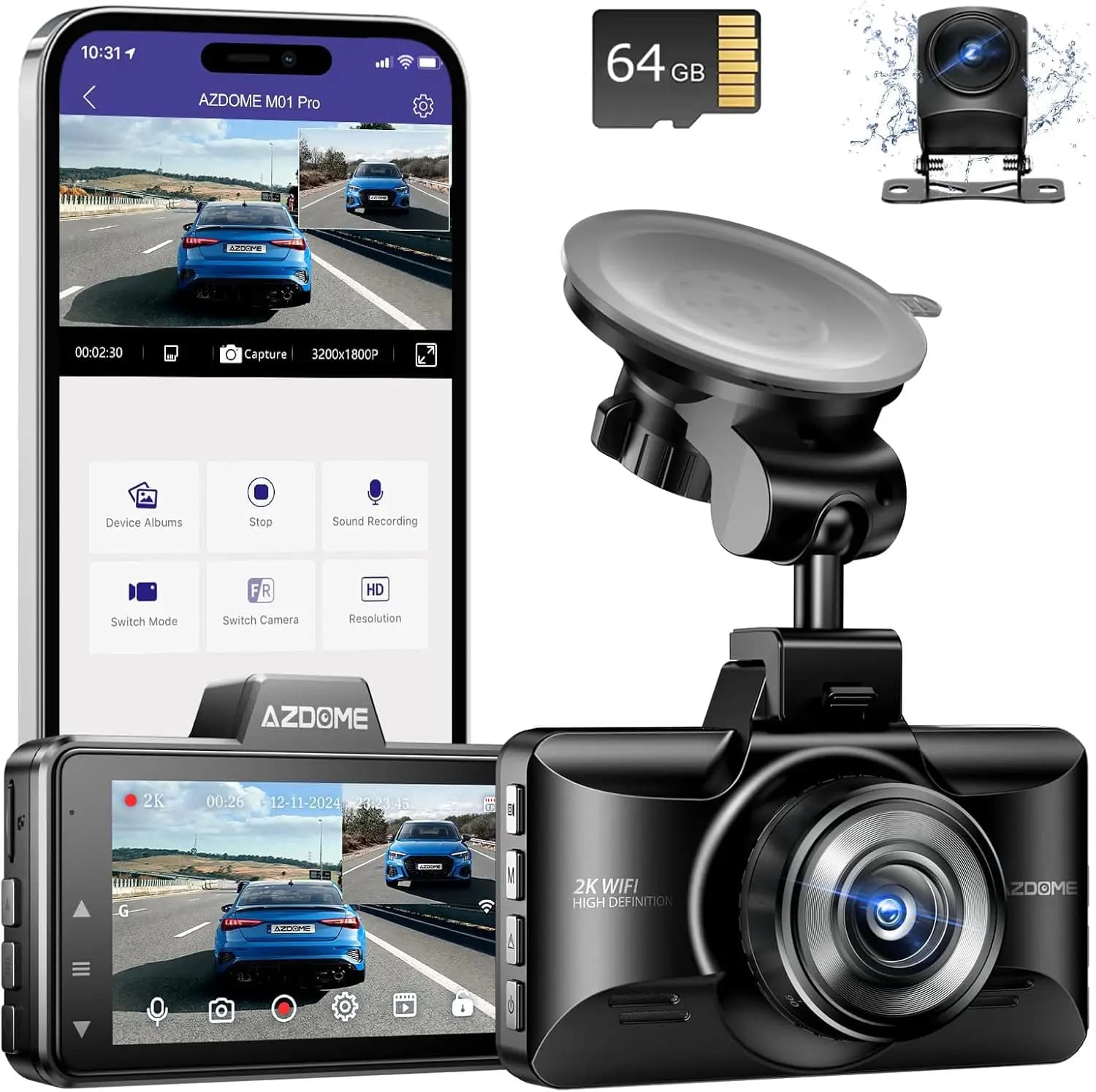 Dash Cam M01 Pro 3K WiFi Updated Front and Back, Free 64GB Card, App Control, Car Dashboard with G-Sensor and Parking
