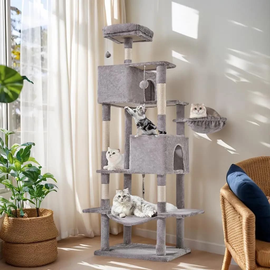 Torre per Gatti da 66 Pollici, Albero Arrampicabile Multilivello con Posti di Tiraggio in Sisal Naturale, Amaca, Cuccia per Gatti da Interno