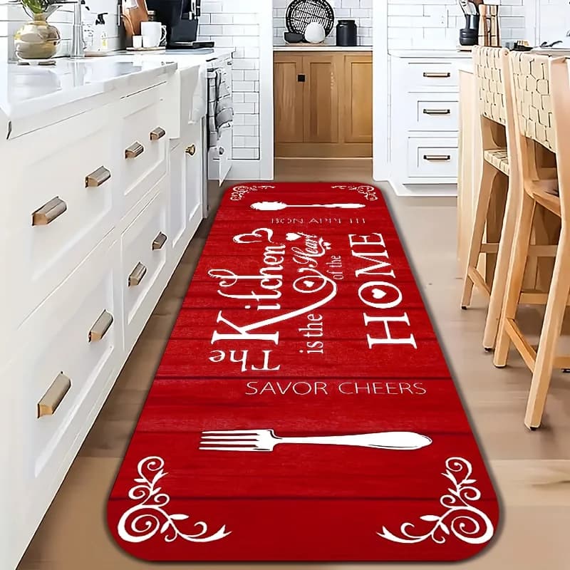 Tappeto Rosso con Citazioni a Tema Cucina, Antiscivolo, Lavabile, con Motivo a Forchetta, per Cucina e Corridoio, in Fango Diatomaceo Super Assorbente