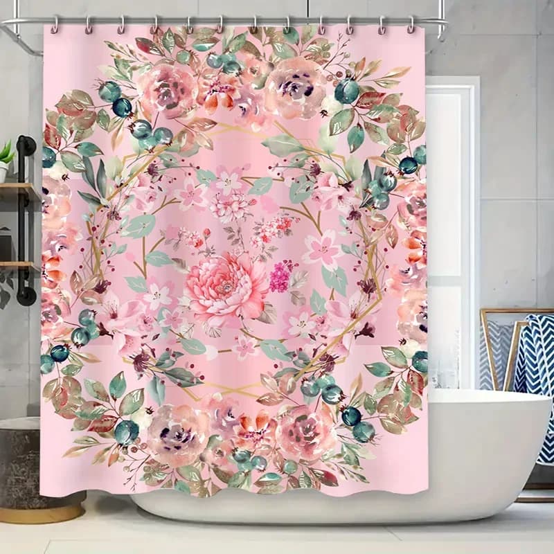 ~O~Delightful Pink Floral Bathroom Shower Curtain for Home Decor Lavender Green Flower Garden Design Waterproof Fabric Size 180c