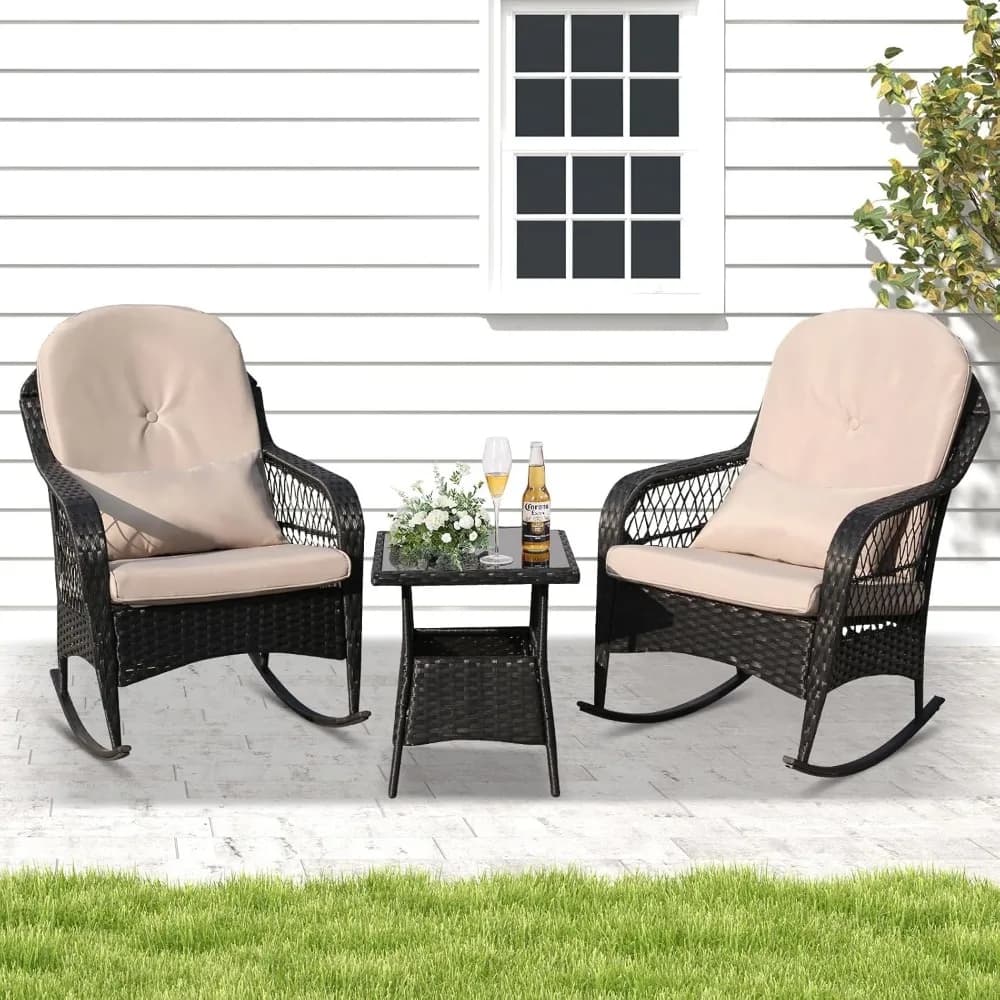 Set of bistro with rocking chair in outdoor wickers 3 pieces, patio rattan chairs with pillows and table, wicker furniture for all seasons