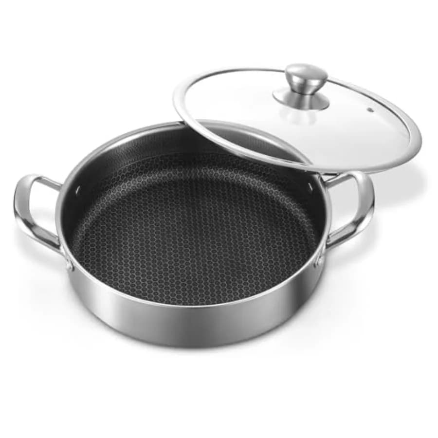 12 inch stainless steel pan, 5 litre deep pan, large non-stick pan with lid, without PFOA, suitable for induction.