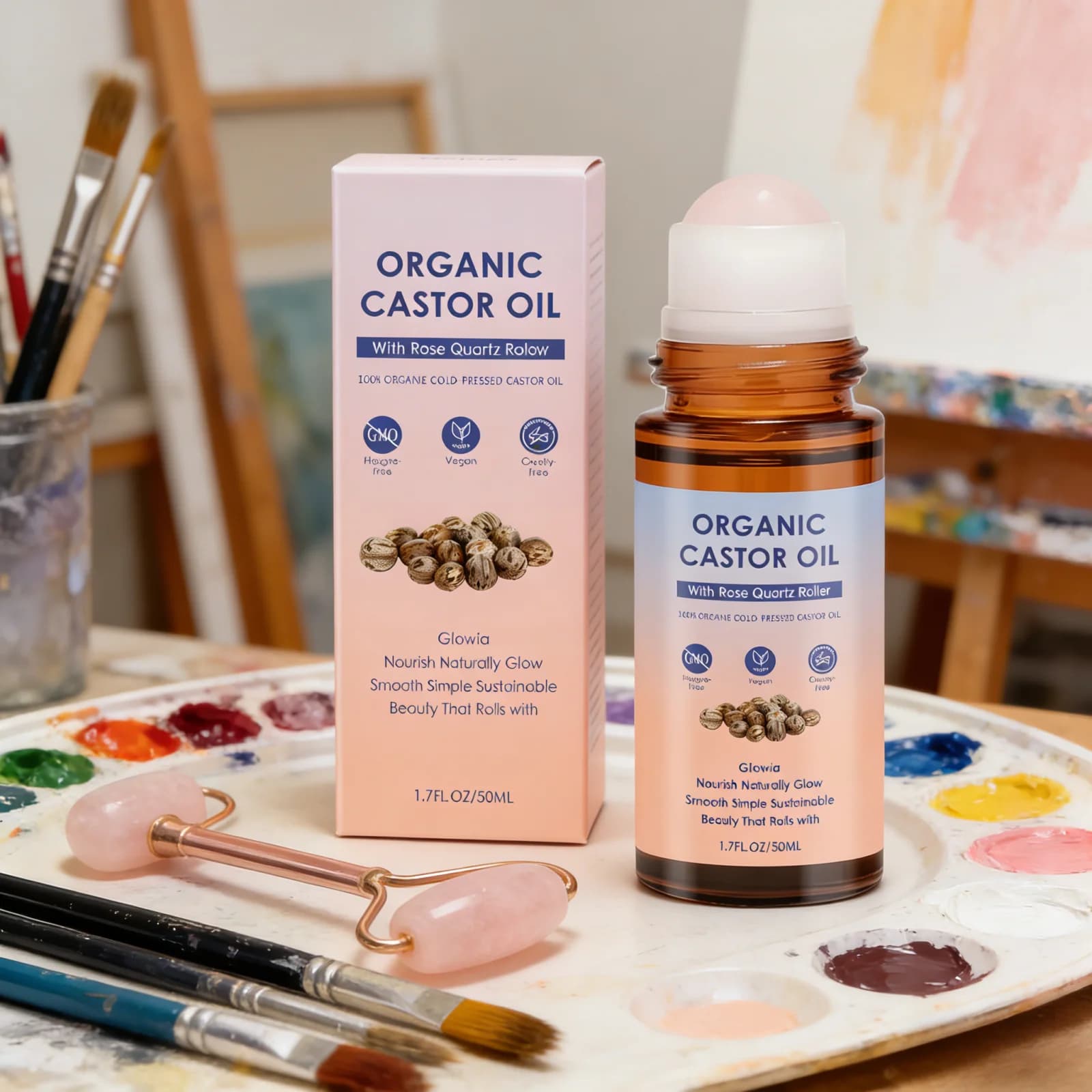 Olio di Ricino Naturale Biologico Pressato a Freddo, Idratante, Riparatore della Barriera Cutanea, Levigante, con Olio di Rosa Canina e Quarzo Rosa, Roll-On 50ml