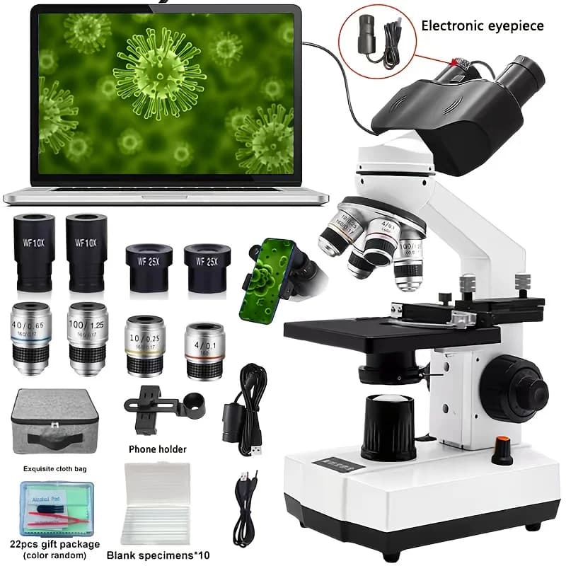 Microscopio Composto Binoculare Professionale 40X-2500X, con Condensatore di Abbe, Illuminazione LED e Adattatore USB per Fotocamera e Telefono
