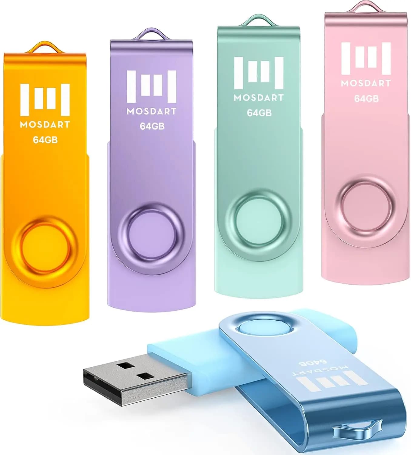 Chiavetta USB da 64GB con Portachiavi, Design Girevole, Luce LED, exFAT per Computer, Archiviazione Dati in Colori Pastello (Confezione da 5)