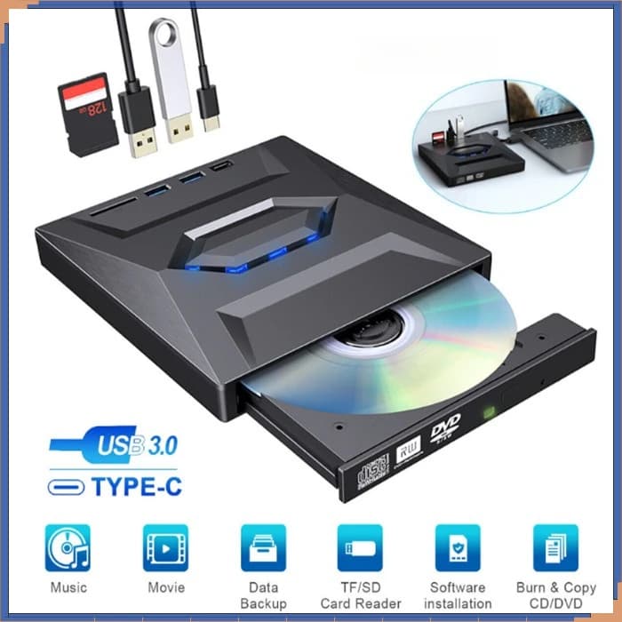 USB 3.0 Type-C External CD DVD Drive with USB HUB Type-C SD Card Reader, CD DVD RW ROM Disk Player Burner Reader Writer Adapter