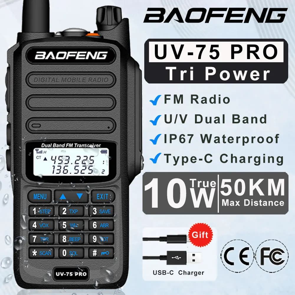 Baofeng UV-75 PRO 10W Walkie Talkie ad alta potenza Dual Band UHF VHF Tipo-C Carica a lungo raggio Impermeabile CB Radio Aggiornamento UV9R 2024