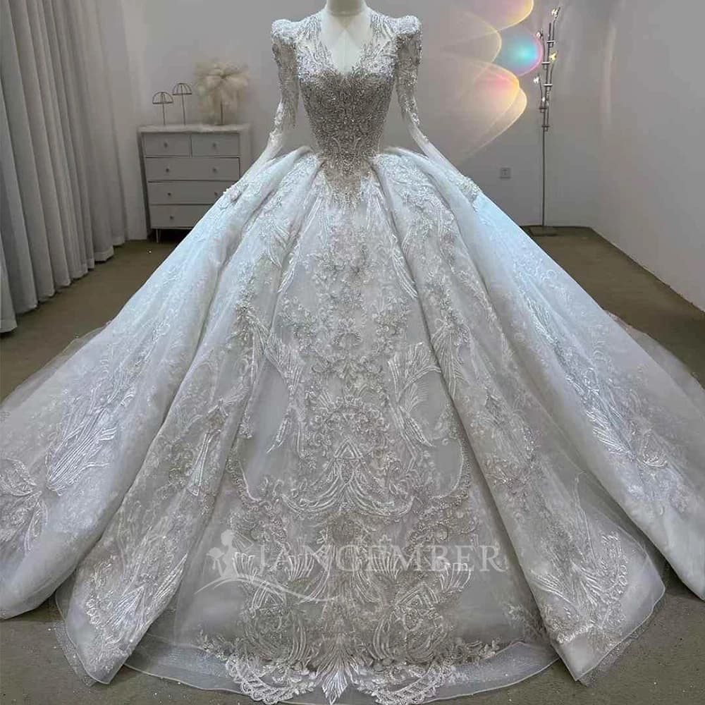 Abiti da sposa reali con scollo a V Abito da sposa in organza a maniche lunghe Abito da sposa su misura da donna Vestido De Novia personalizzato