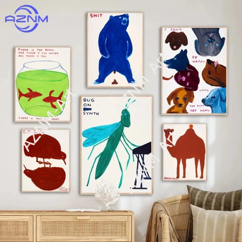 David Shrigley - Quadri su tela con cammello, orso, pesce, cani e uccelli - Poster e stampe nordiche per decorazioni da parete per il soggiorno